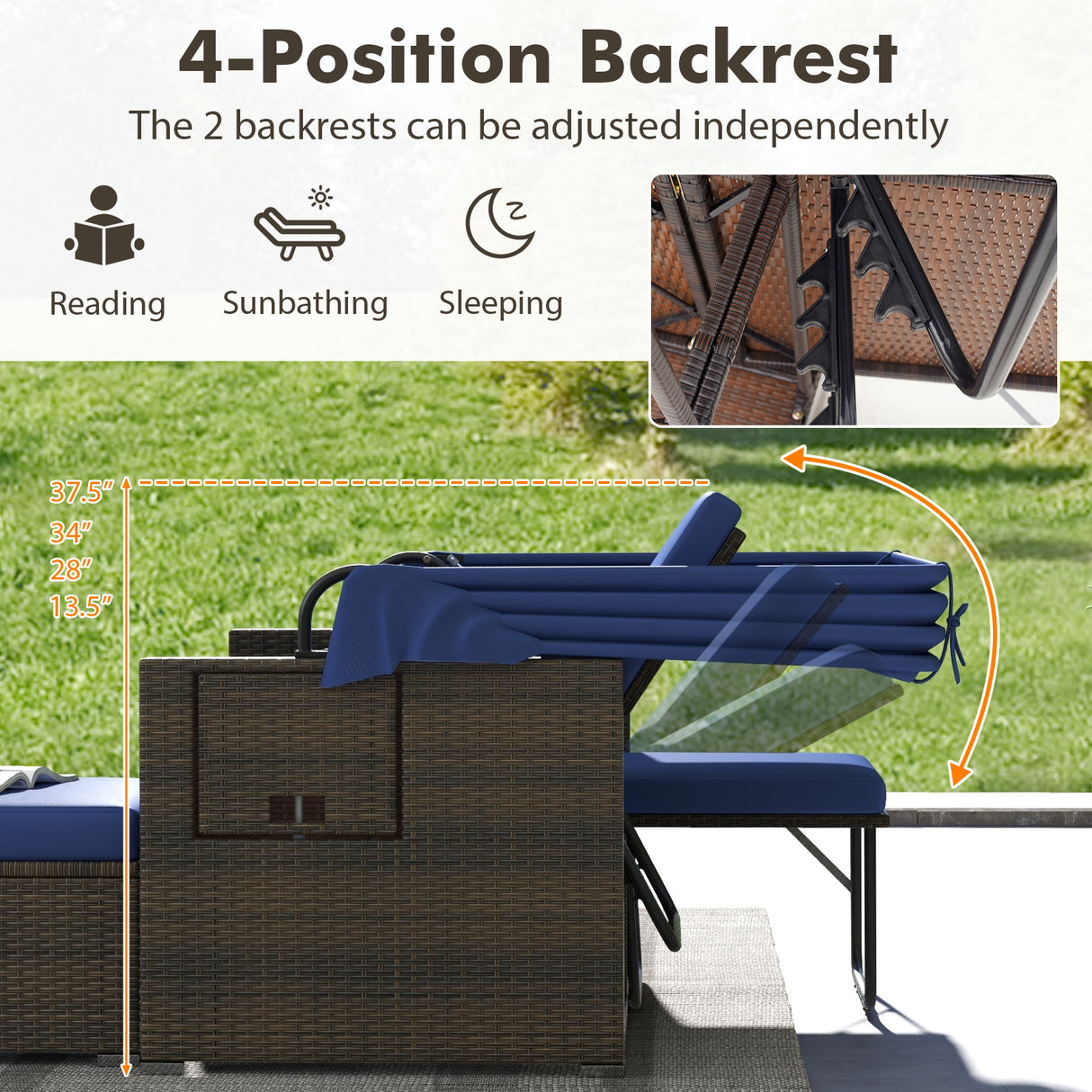 Outdoor Patio Rattan Daybed with Retractable Canopy and Adjustable Backrests