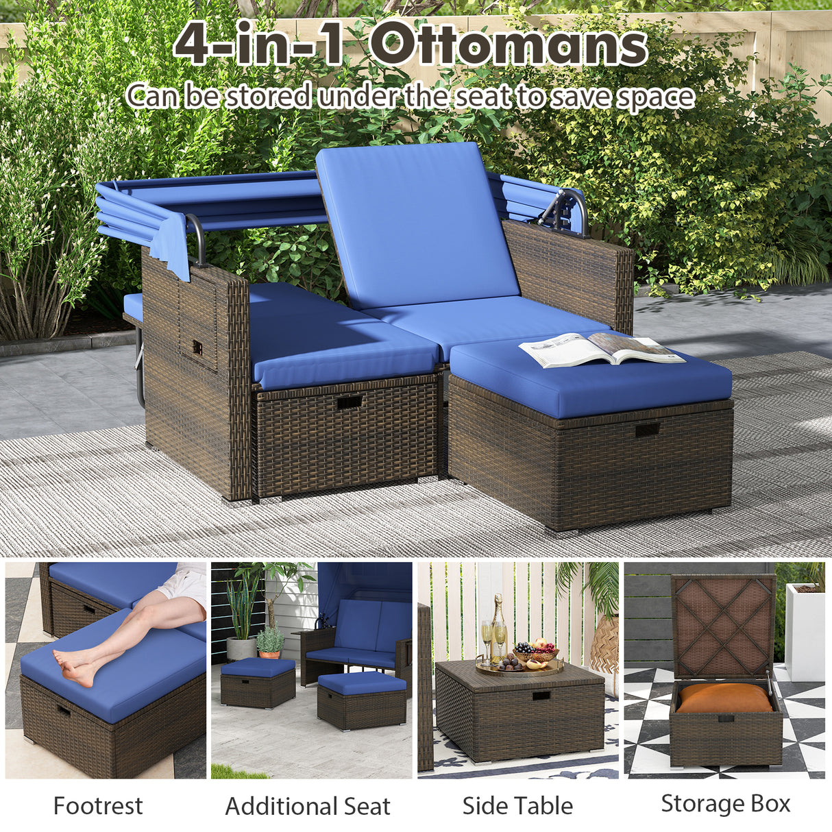 Outdoor Patio Rattan Daybed with Retractable Canopy and Adjustable Backrests