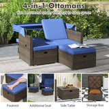 Outdoor Patio Rattan Daybed with Retractable Canopy and Adjustable Backrests