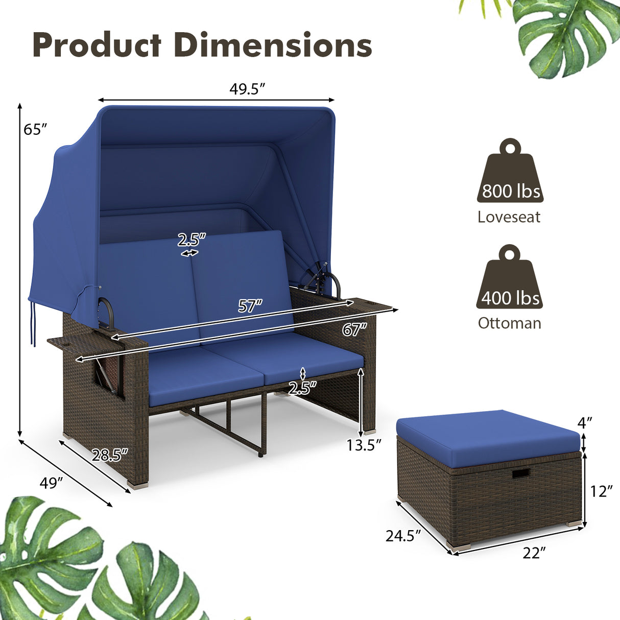 Outdoor Patio Rattan Daybed with Retractable Canopy and Adjustable Backrests