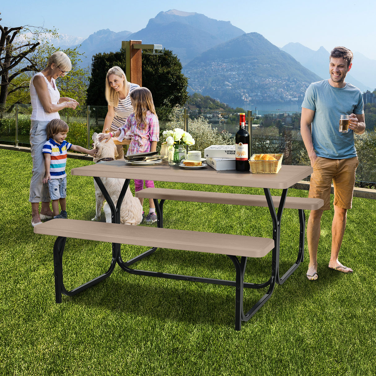 HDPE Outdoor Picnic Table Bench Set with Metal Base
