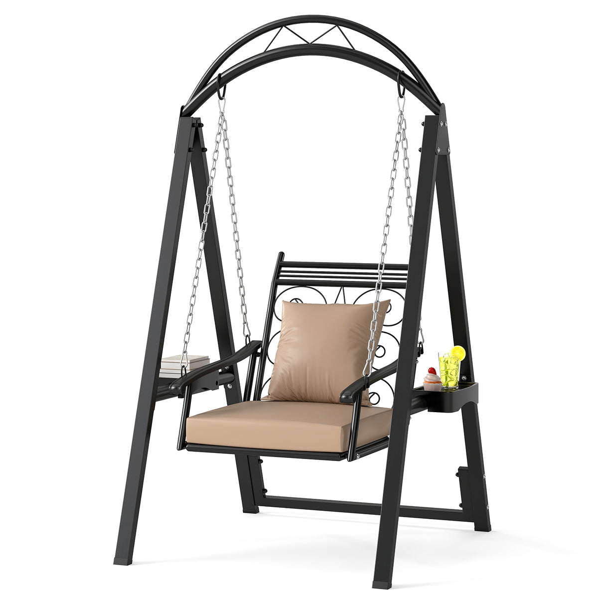 Outdoor Porch Swing with Removable Cushions and Side Tables for Garden Balcony-Black