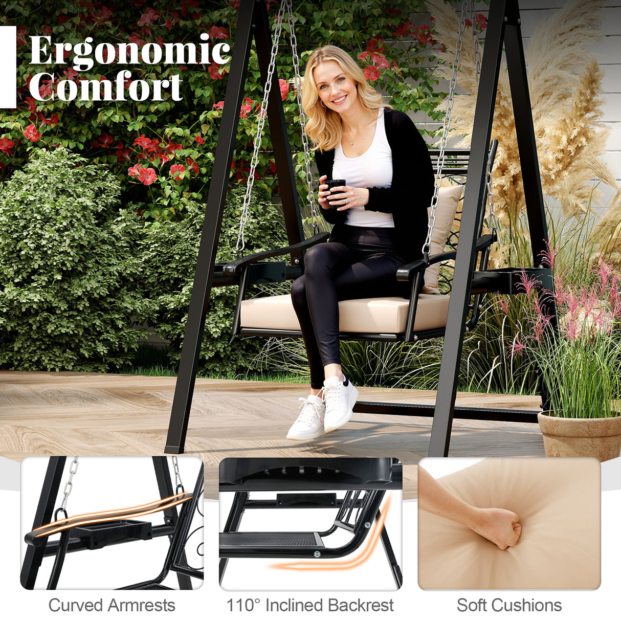 Outdoor Porch Swing with Removable Cushions and Side Tables for Garden Balcony-Black