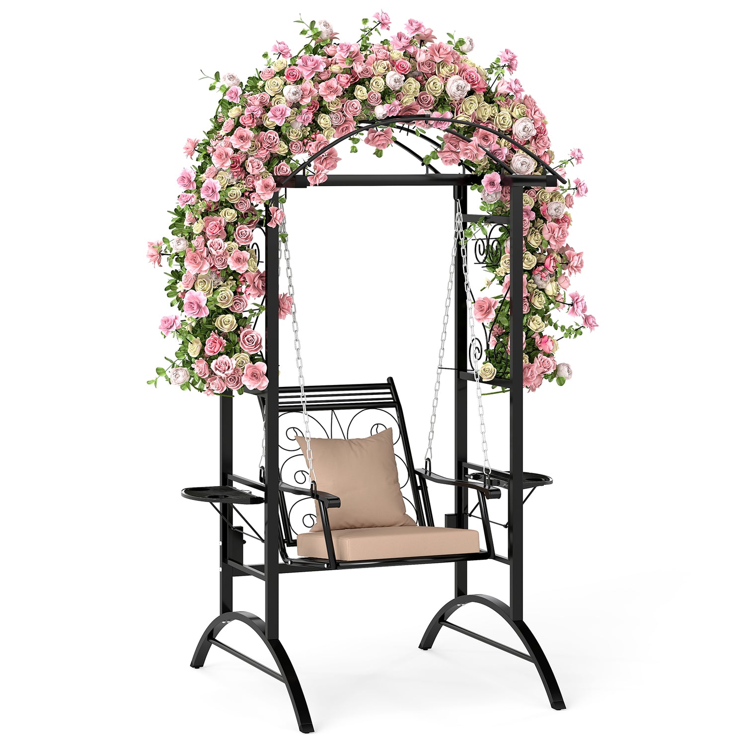 Outdoor Porch Swing with Stand and 2 Trellises for Adults-Black