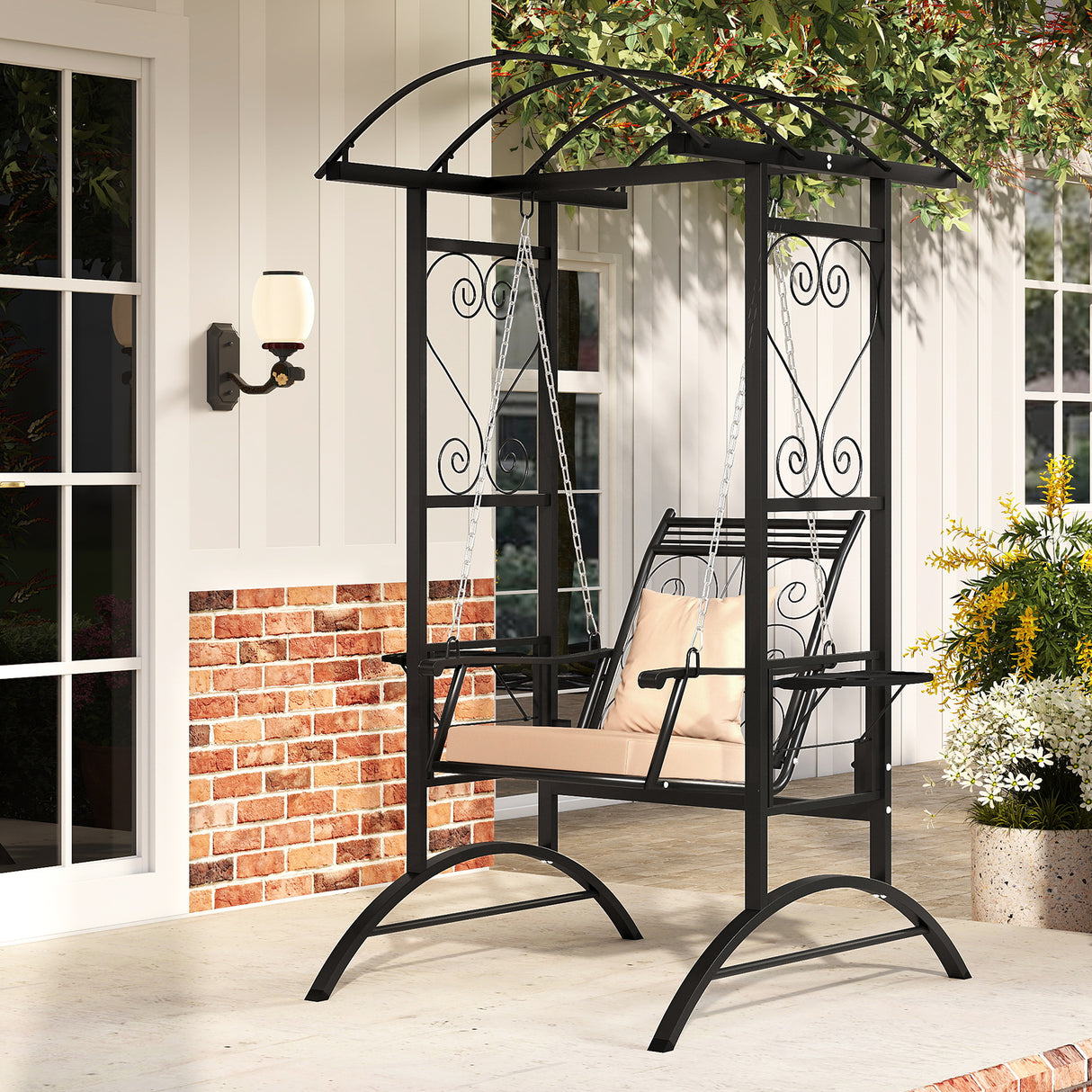 Outdoor Porch Swing with Stand and 2 Trellises for Adults-Black