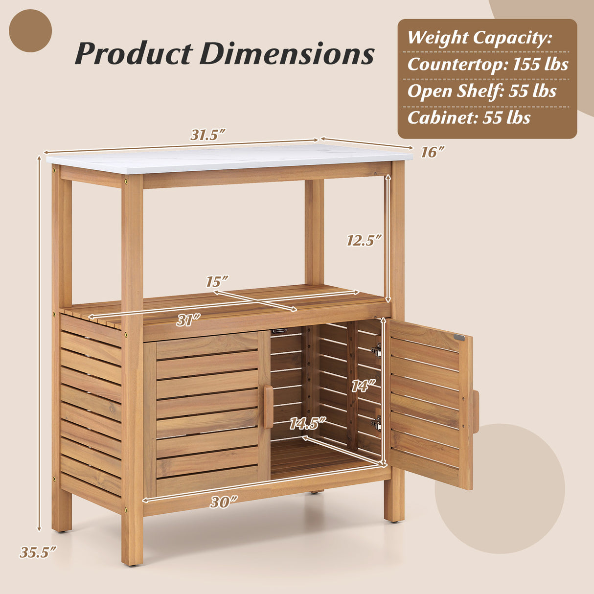 Outdoor Potting Bench Acacia Wood Garden Potting Table Planting Work Bench Station with Louvered Doors