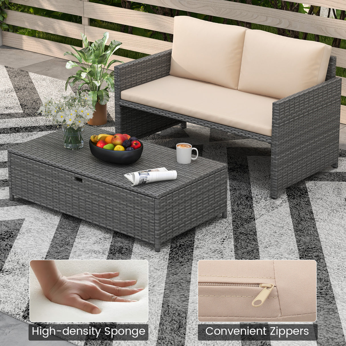 Outdoor Rattan Daybed Wicker Loveseat and 31 Gallon Storage Ottoman-Brown