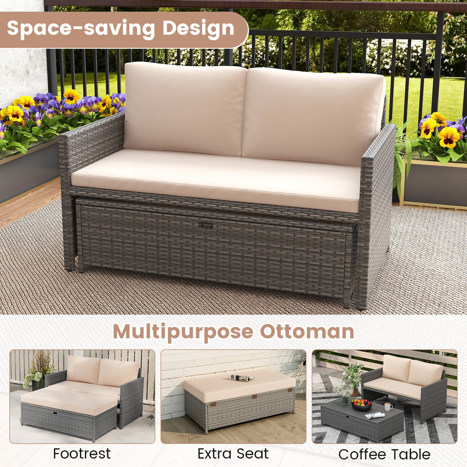 Outdoor Rattan Daybed Wicker Loveseat and 31 Gallon Storage Ottoman-Brown