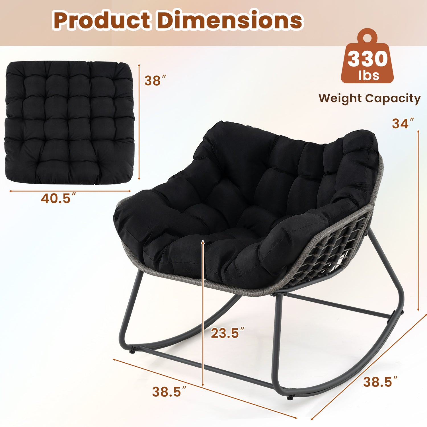 Outdoor Rocking Chair Oversized Patio PE Wicker Egg Chair with Cushion