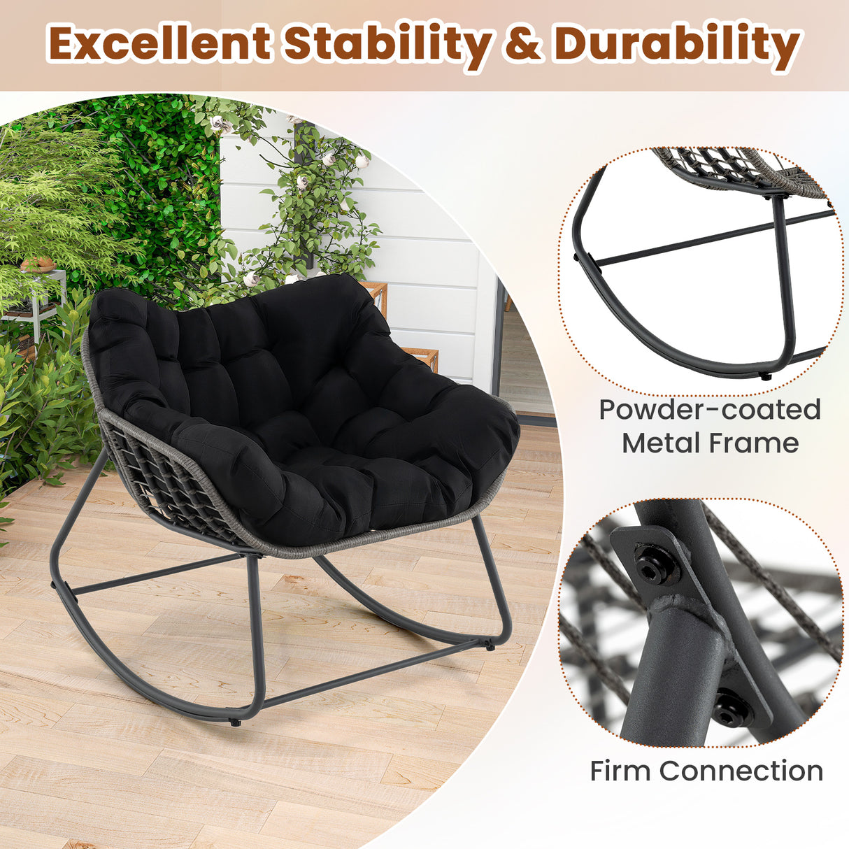 Outdoor Rocking Chair Oversized Patio PE Wicker Egg Chair with Cushion