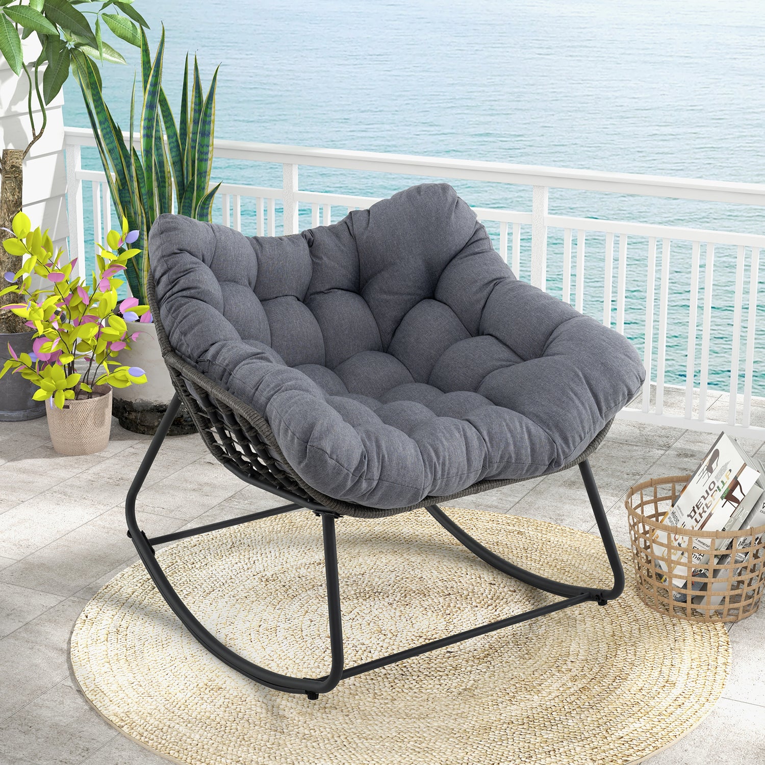 Outdoor Rocking Chair Oversized Patio PE Wicker Egg Chair with Cushion