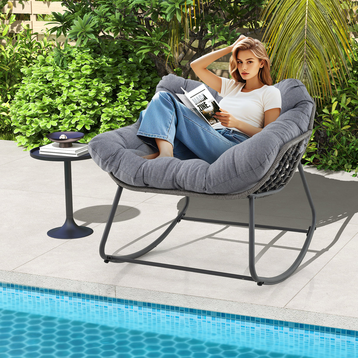 Outdoor Rocking Chair Oversized Patio PE Wicker Egg Chair with Cushion