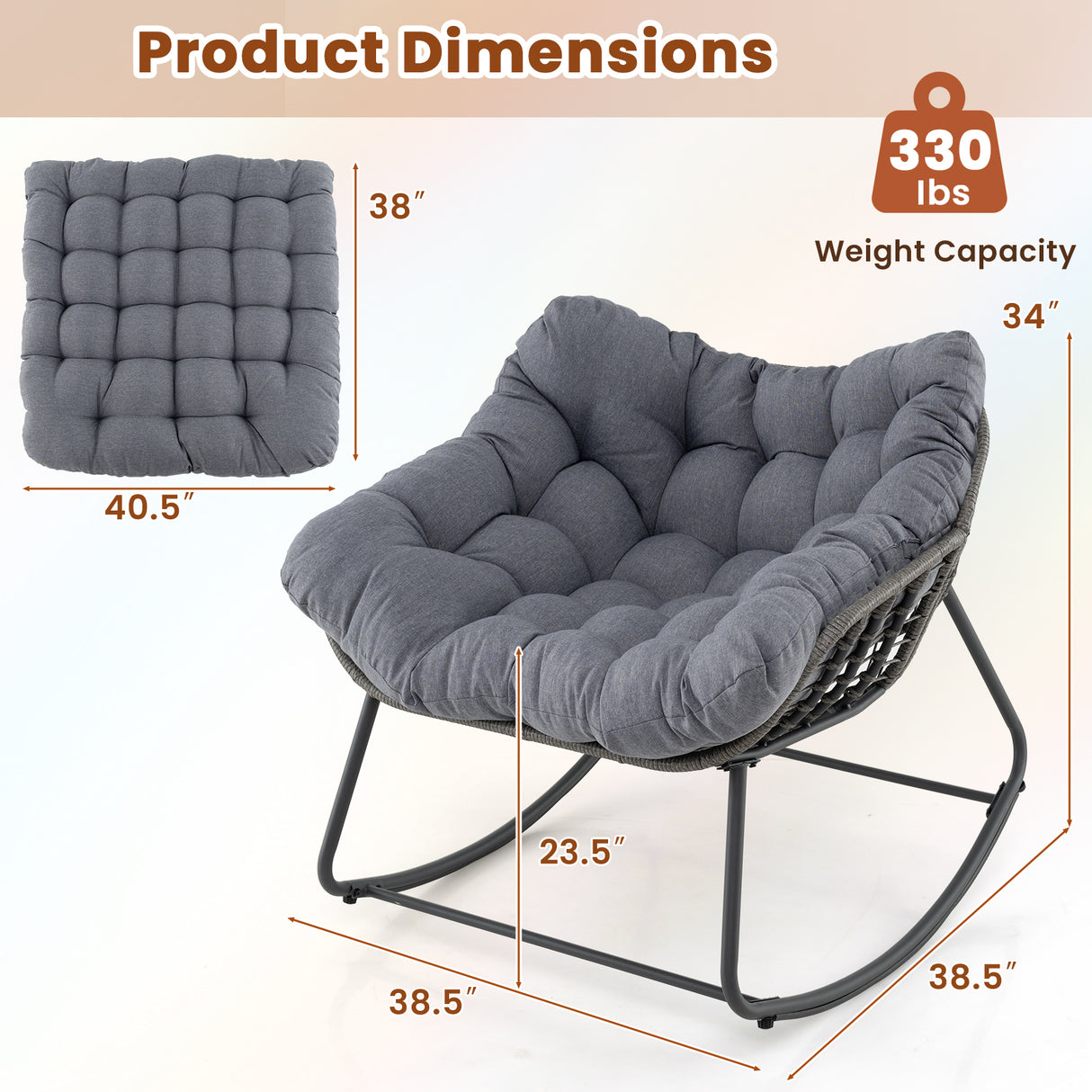 Outdoor Rocking Chair Oversized Patio PE Wicker Egg Chair with Cushion