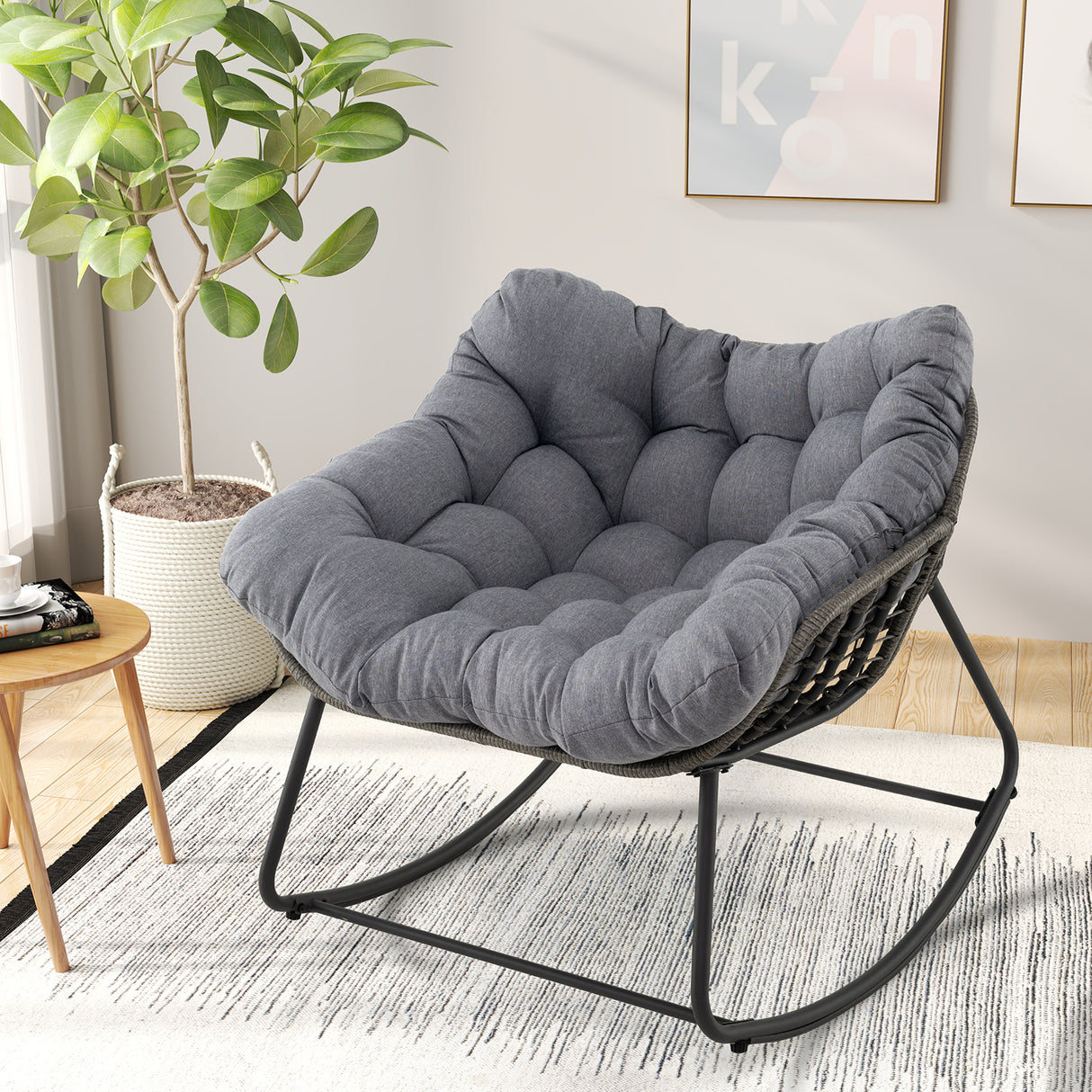 Outdoor Rocking Chair Oversized Patio PE Wicker Egg Chair with Cushion