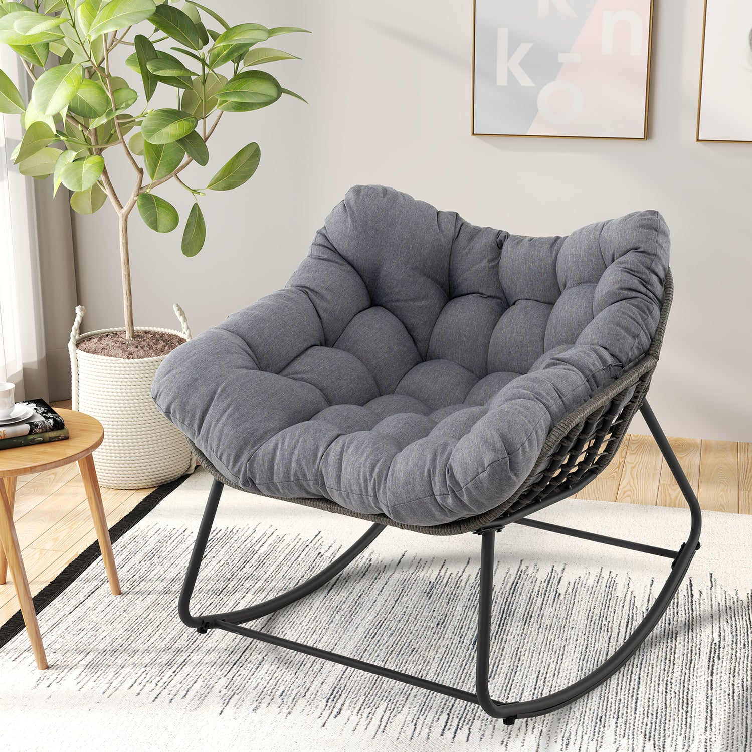 Outdoor Rocking Chair Oversized Patio PE Wicker Egg Chair with Cushion