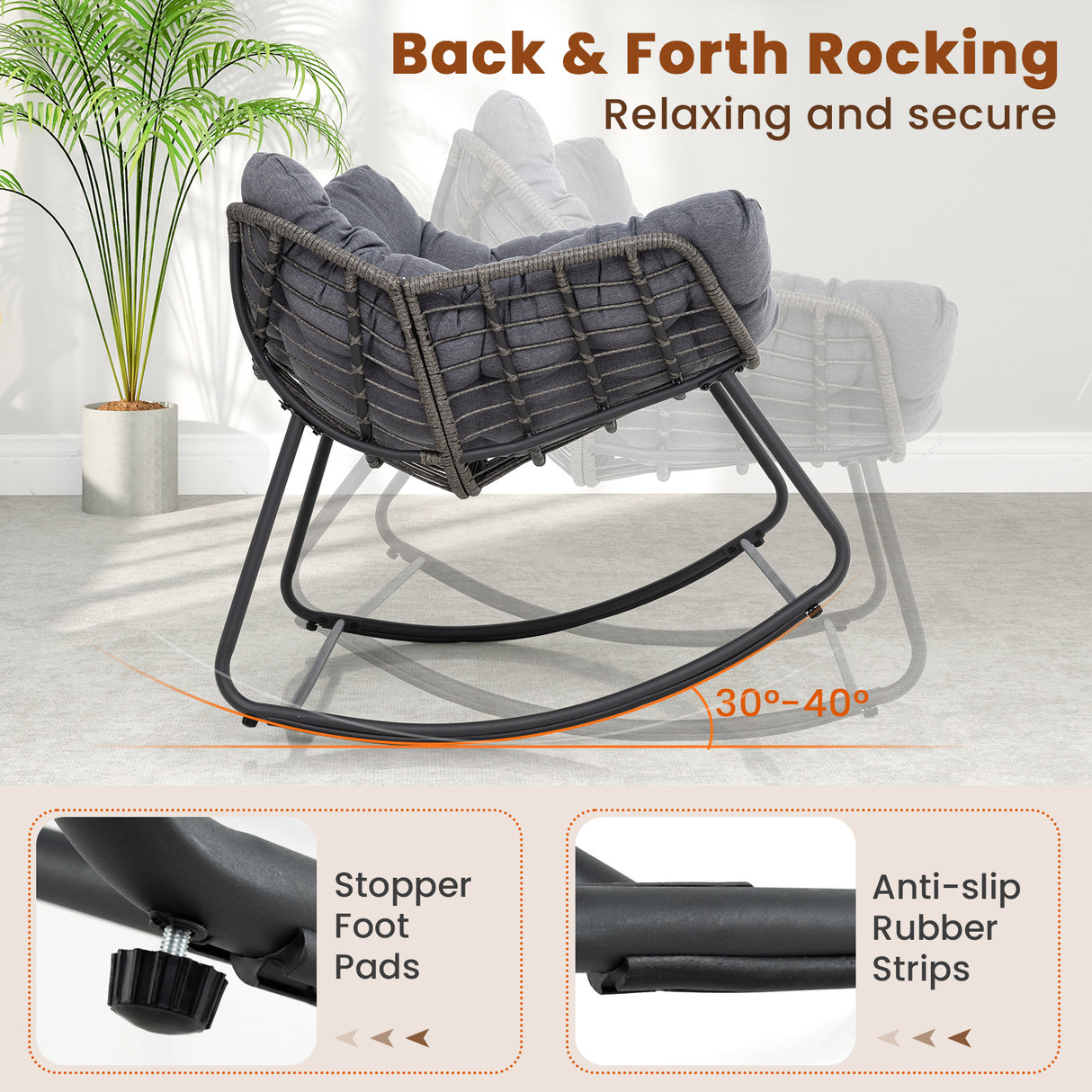 Outdoor Rocking Chair Oversized Patio PE Wicker Egg Chair with Cushion