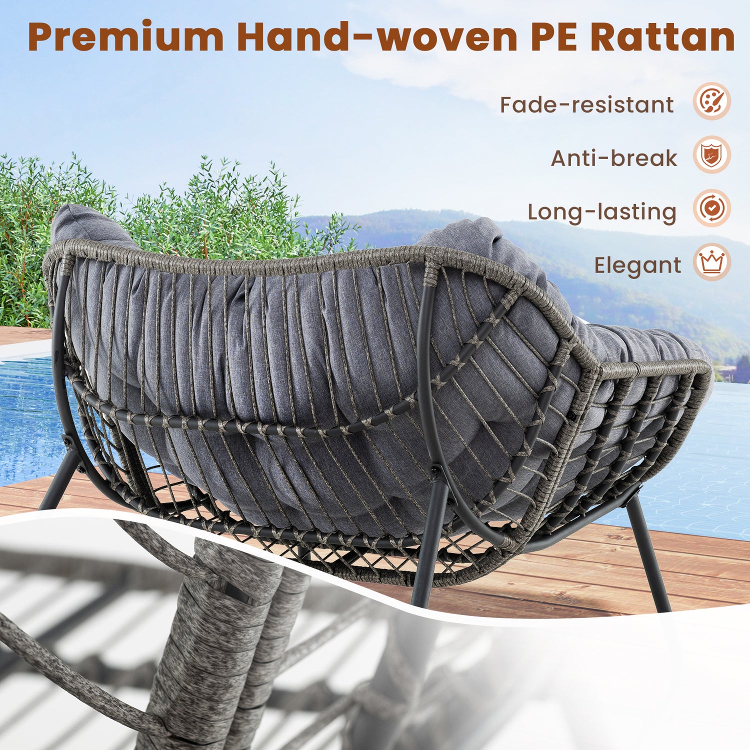Outdoor Rocking Chair Oversized Patio PE Wicker Egg Chair with Cushion
