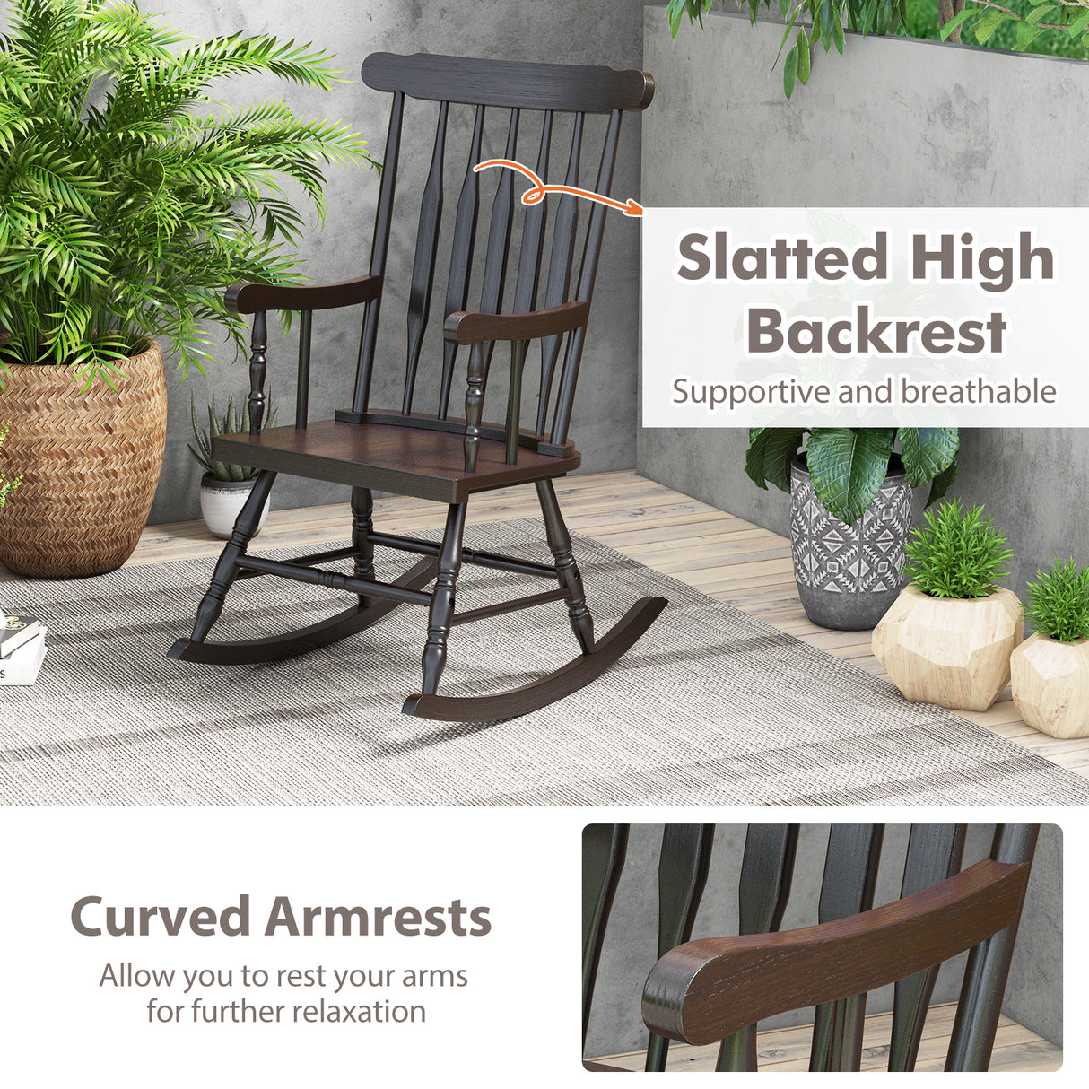 Rocking Chair with Solid Wooden Frame for Garden and Patio