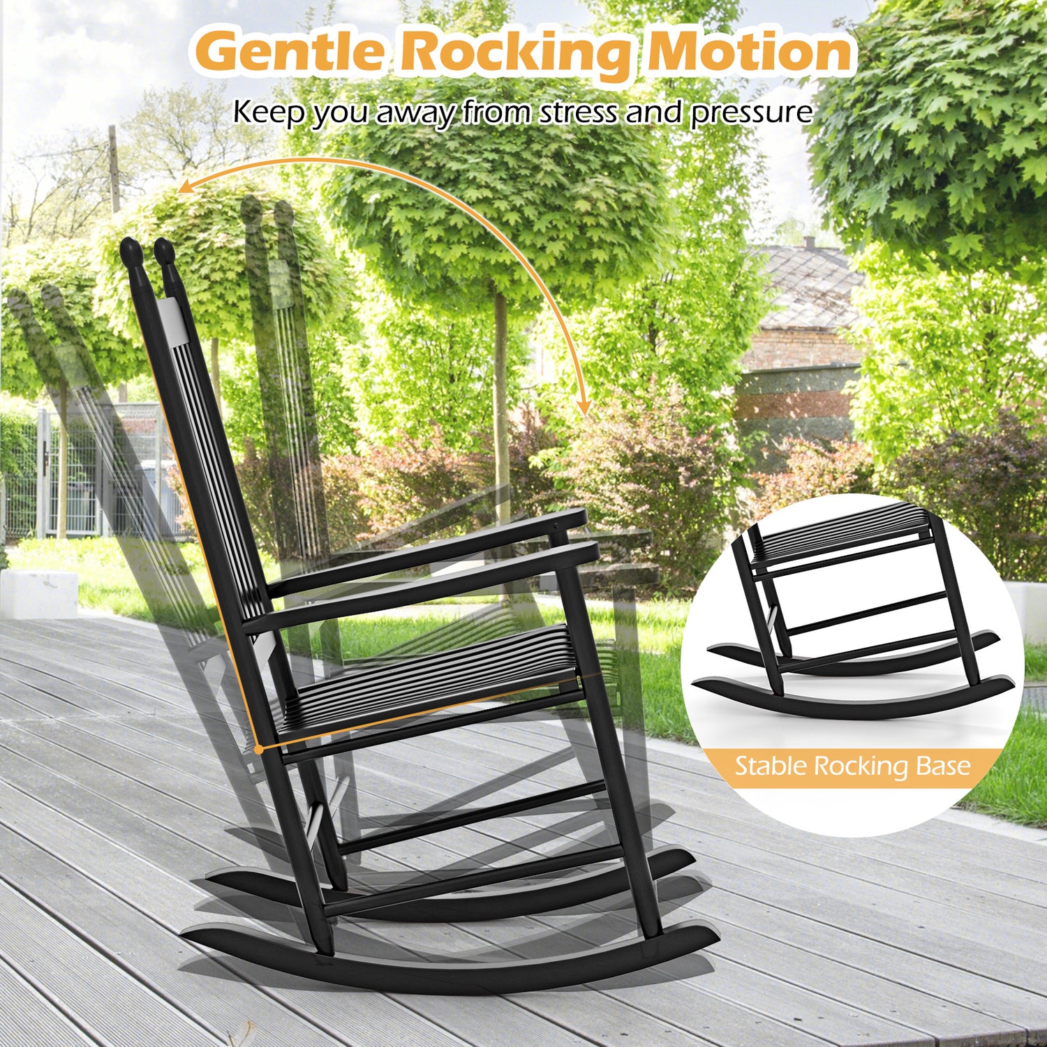 High-Back Acacia Wood Outdoor Rocking Chair with Solid Rocking Base