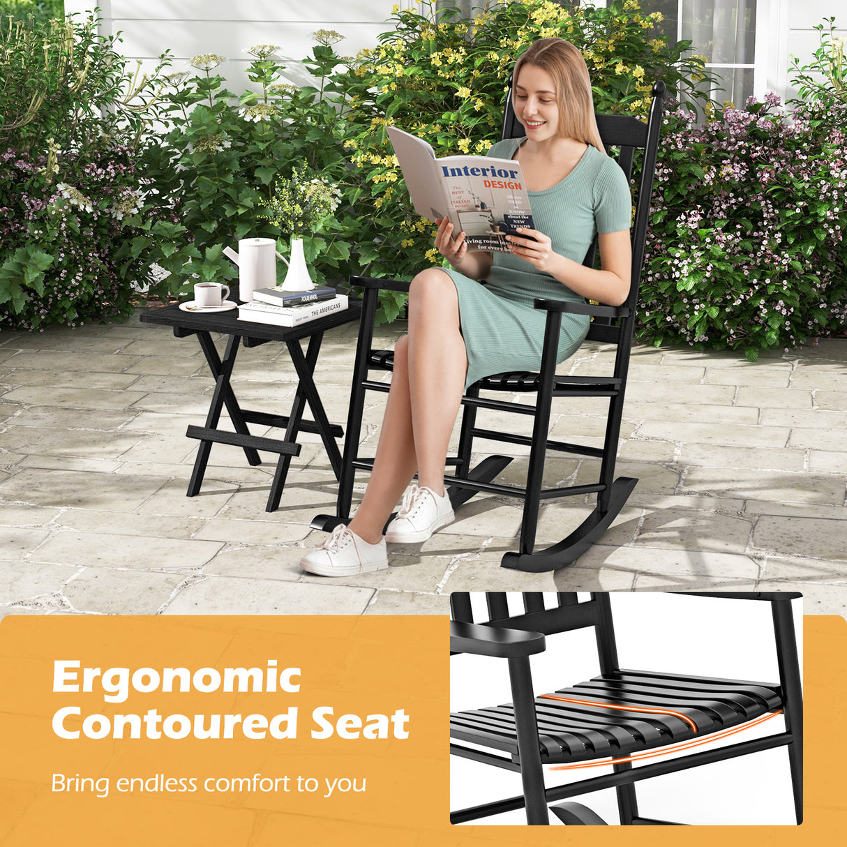 High-Back Acacia Wood Outdoor Rocking Chair with Solid Rocking Base