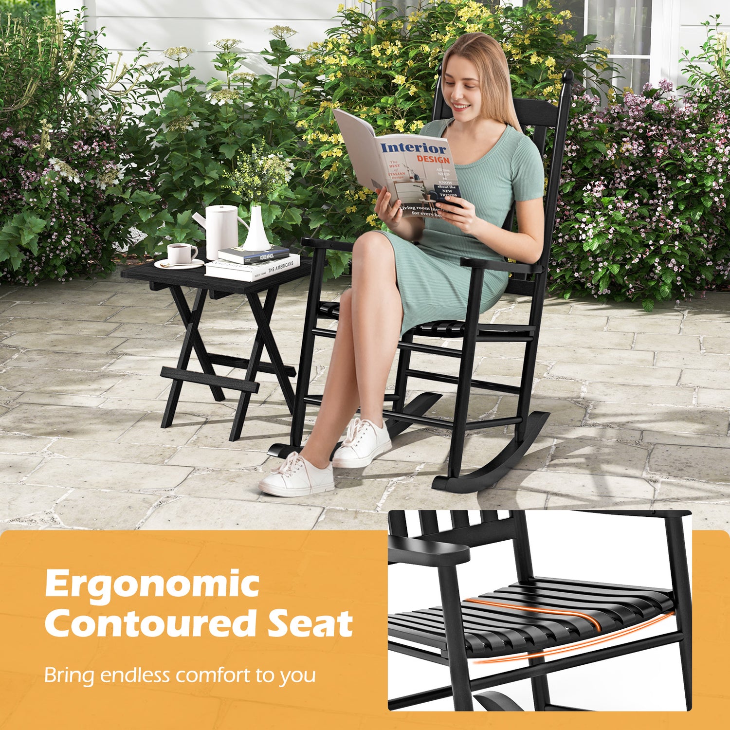 High-Back Acacia Wood Outdoor Rocking Chair with Solid Rocking Base