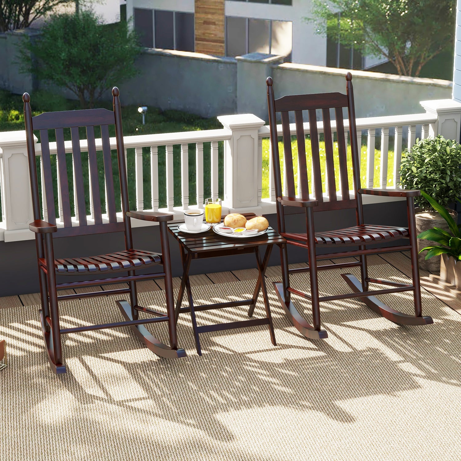 High-Back Acacia Wood Outdoor Rocking Chair with Solid Rocking Base