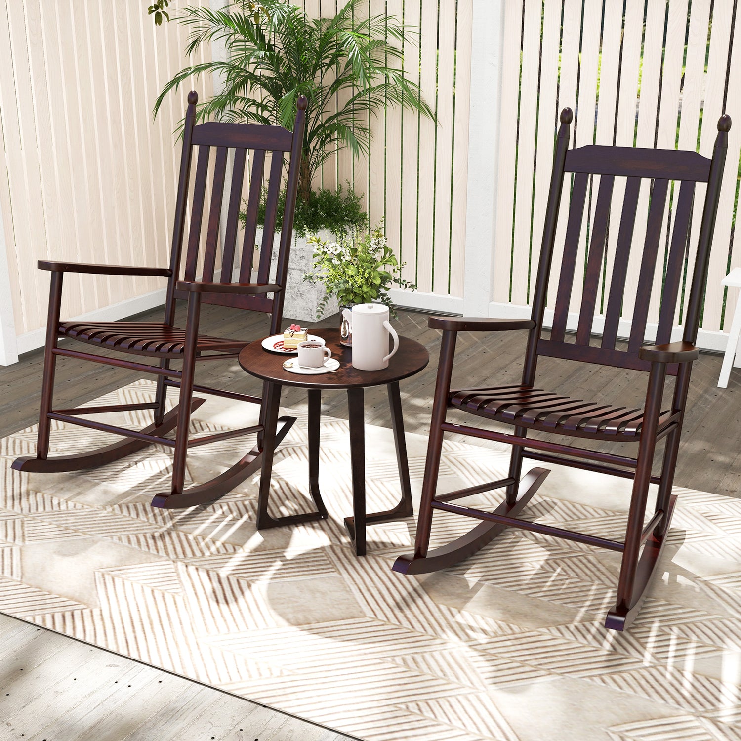 High-Back Acacia Wood Outdoor Rocking Chair with Solid Rocking Base