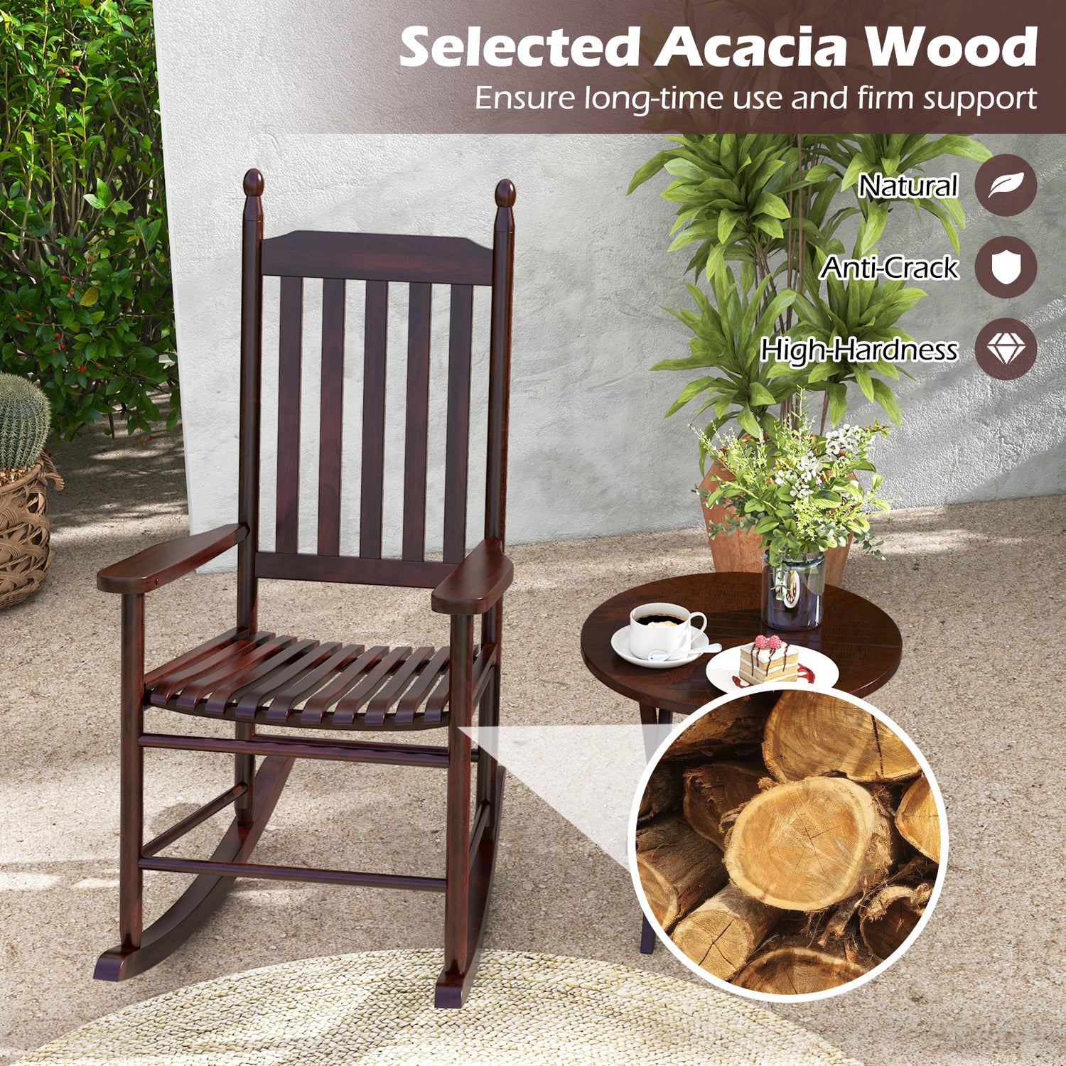 High-Back Acacia Wood Outdoor Rocking Chair with Solid Rocking Base