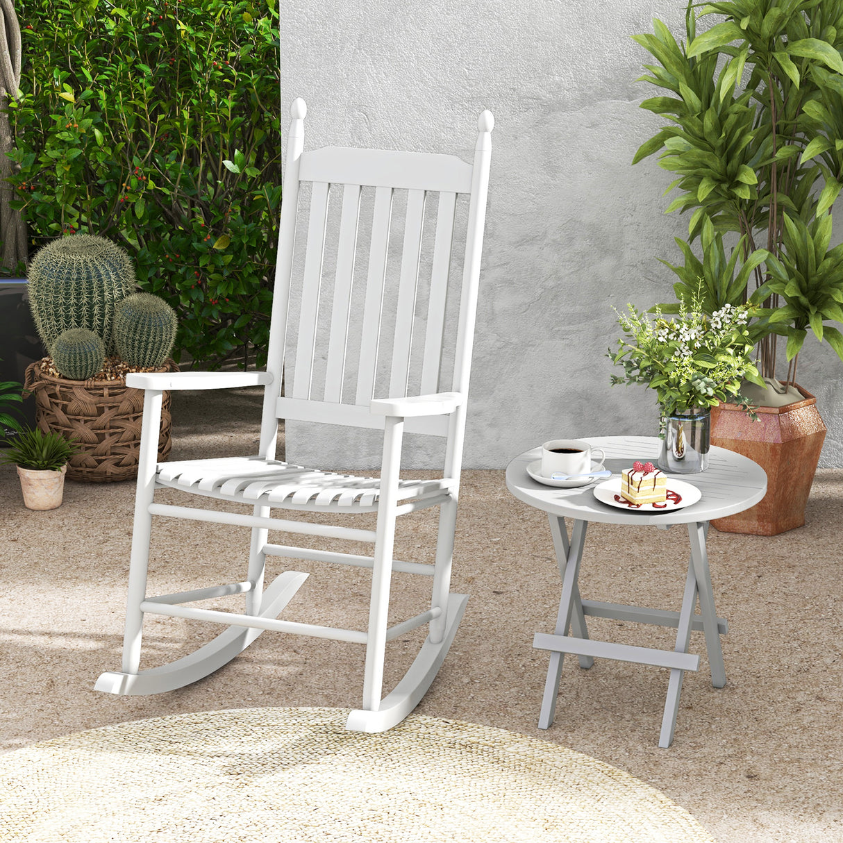 High-Back Acacia Wood Outdoor Rocking Chair with Solid Rocking Base
