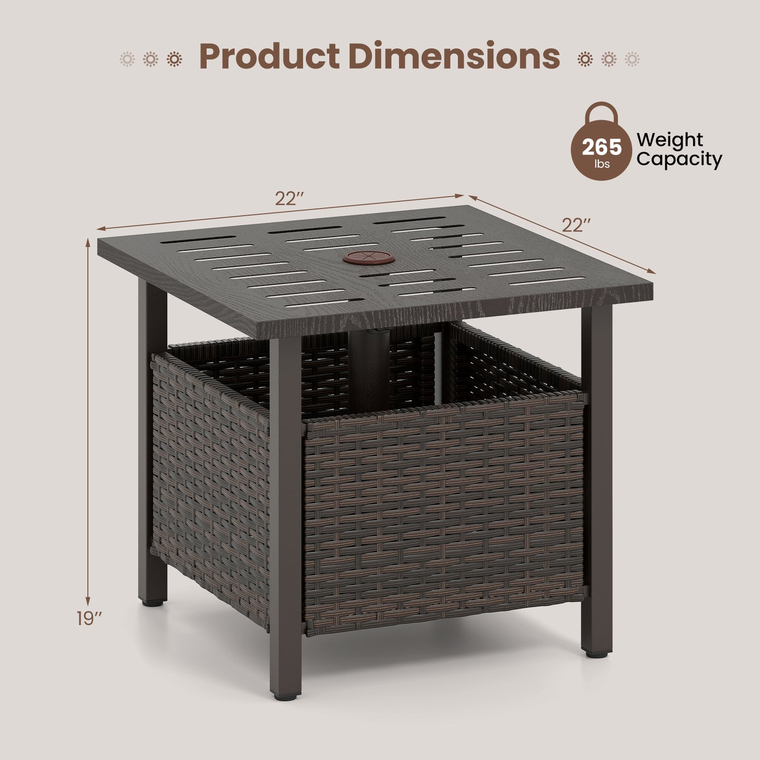 Outdoor Side Table All-Weather PE Wicker Patio Table with Umbrella Hole-Brown