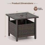 Outdoor Side Table All-Weather PE Wicker Patio Table with Umbrella Hole-Brown