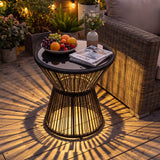 Outdoor Side Table with LED Warm Light and Tempered Glass Top-Black