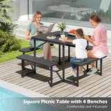 Outdoor Square Picnic Table Bench Set for 4-8 People with Umbrella Hole