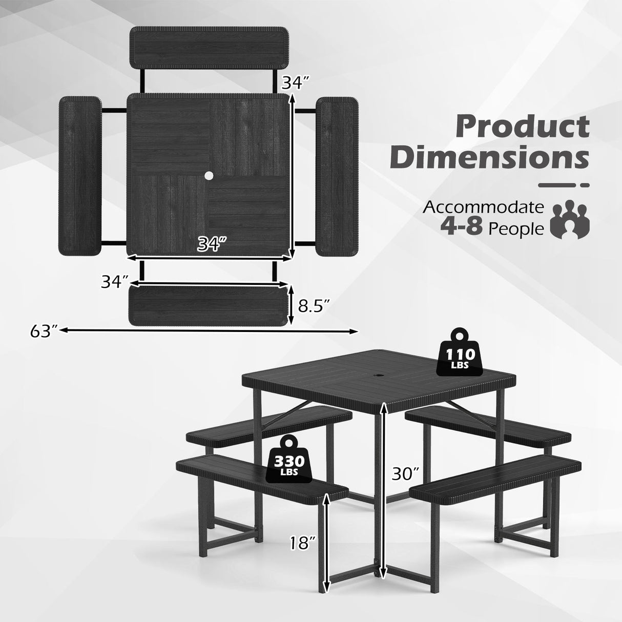 Outdoor Square Picnic Table Bench Set for 4-8 People with Umbrella Hole