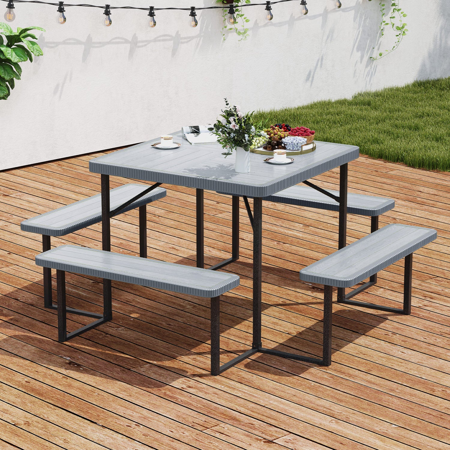 Outdoor Square Picnic Table Bench Set for 4-8 People with Umbrella Hole