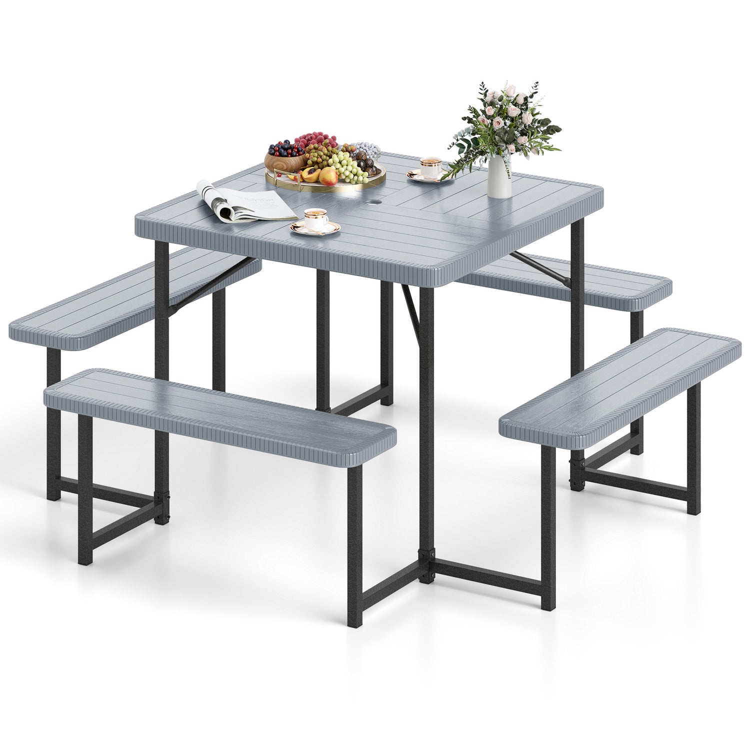 Outdoor Square Picnic Table Bench Set for 4-8 People with Umbrella Hole