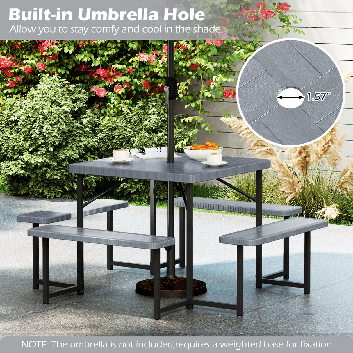 Outdoor Square Picnic Table Bench Set for 4-8 People with Umbrella Hole