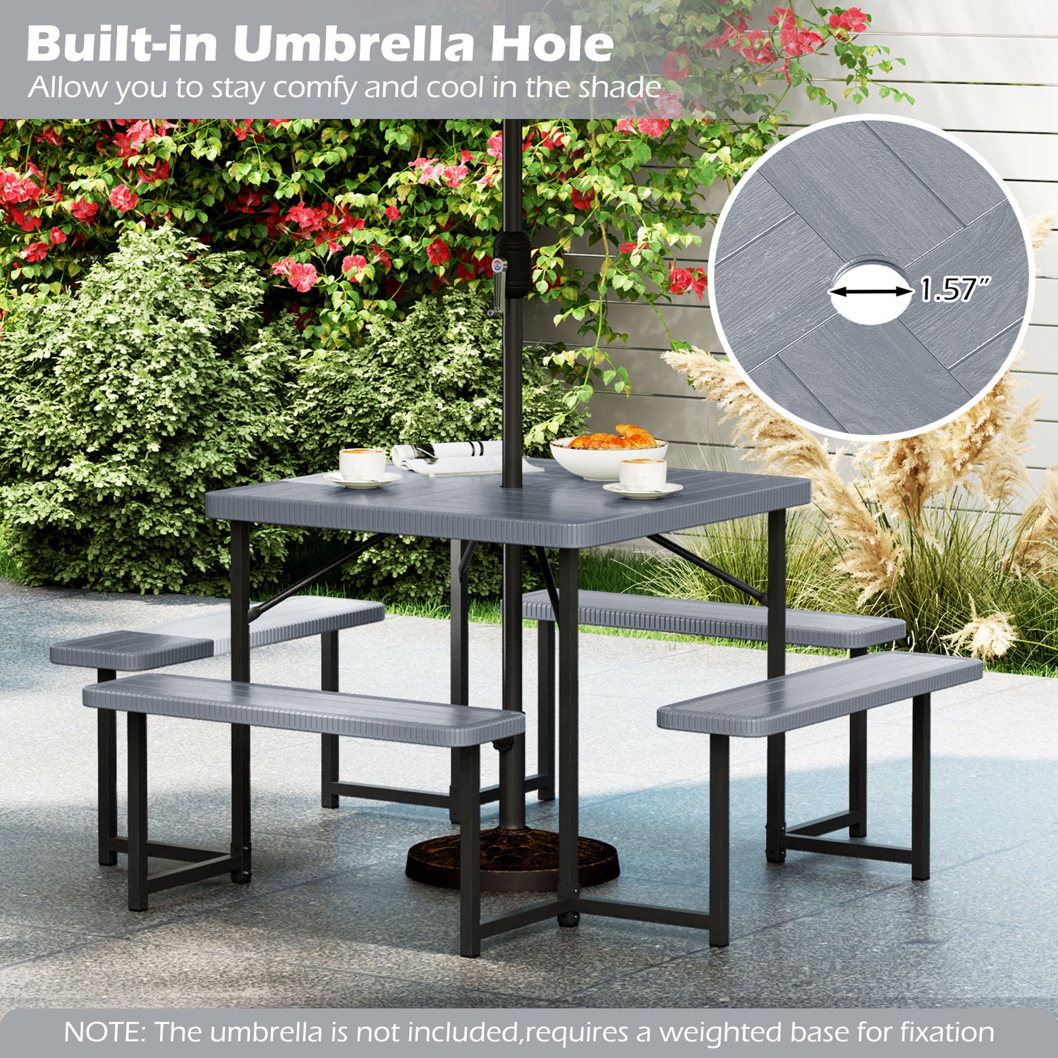 Outdoor Square Picnic Table Bench Set for 4-8 People with Umbrella Hole
