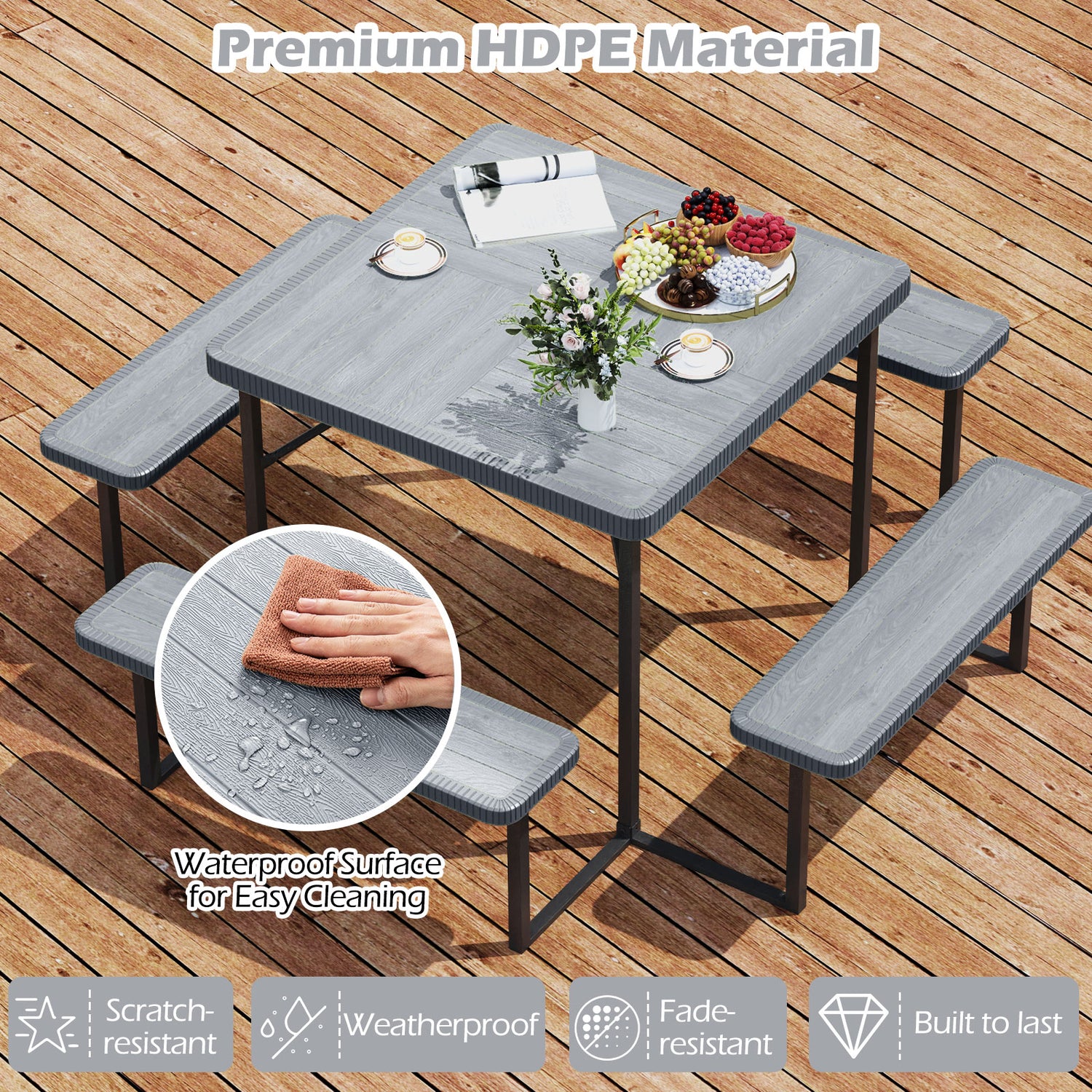Outdoor Square Picnic Table Bench Set for 4-8 People with Umbrella Hole