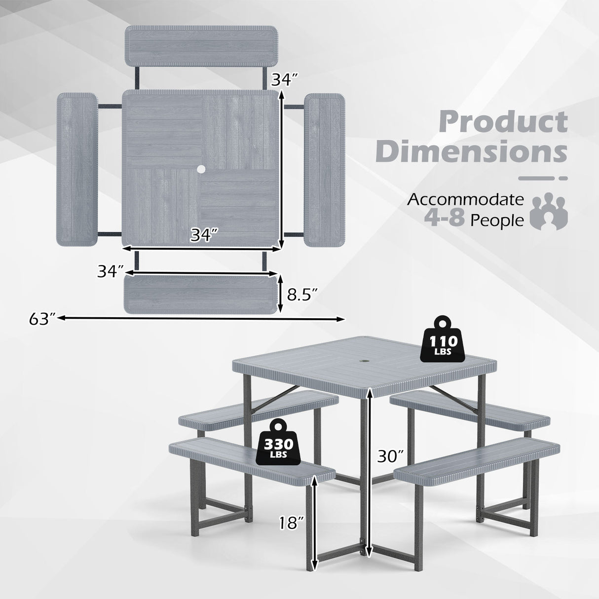 Outdoor Square Picnic Table Bench Set for 4-8 People with Umbrella Hole