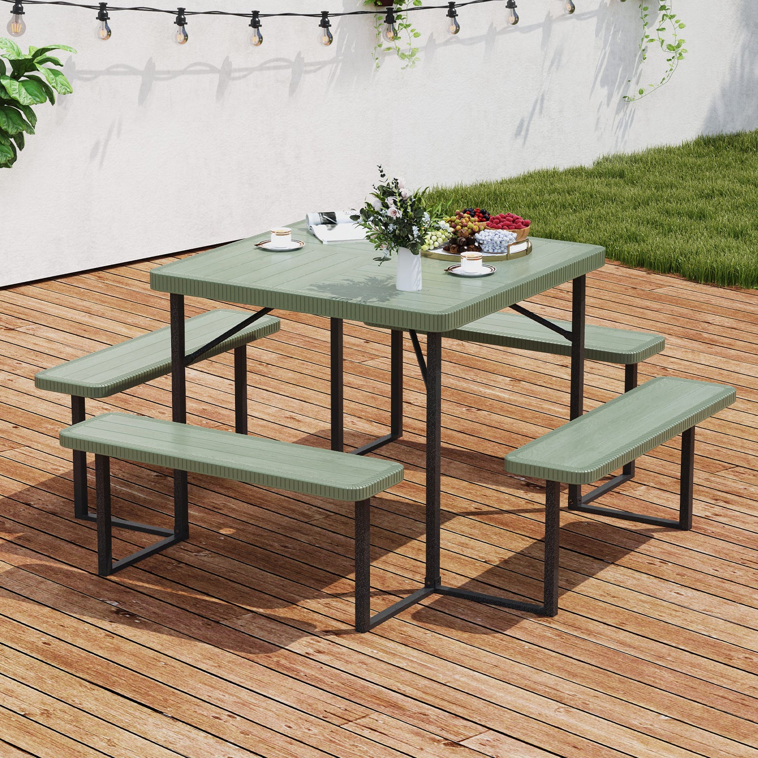Outdoor Square Picnic Table Bench Set for 4-8 People with Umbrella Hole