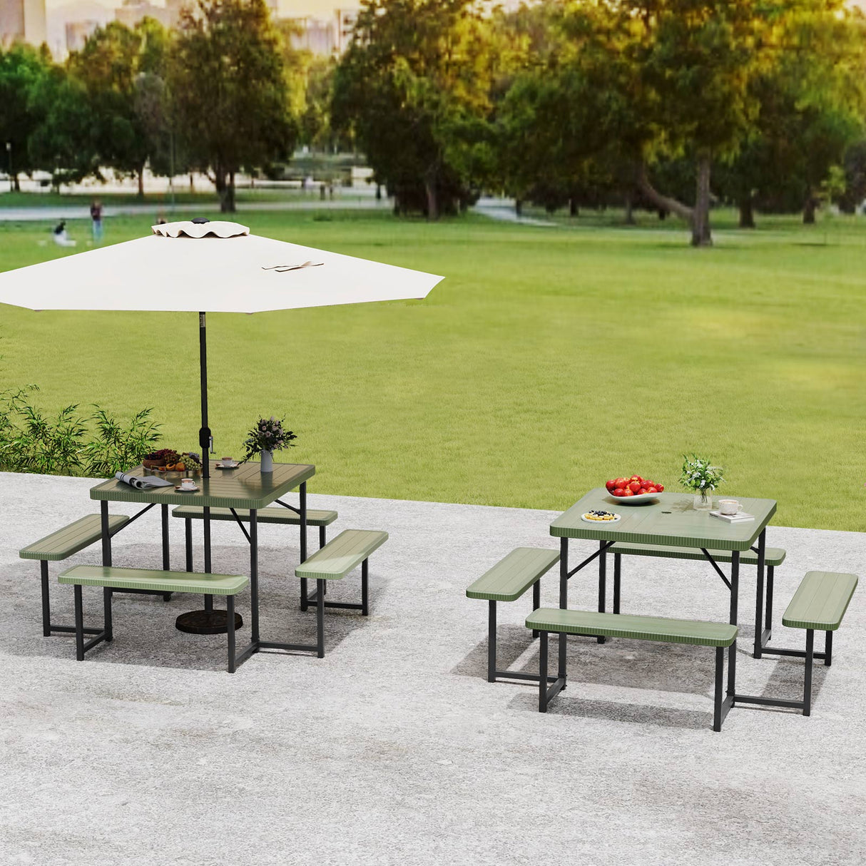Outdoor Square Picnic Table Bench Set for 4-8 People with Umbrella Hole