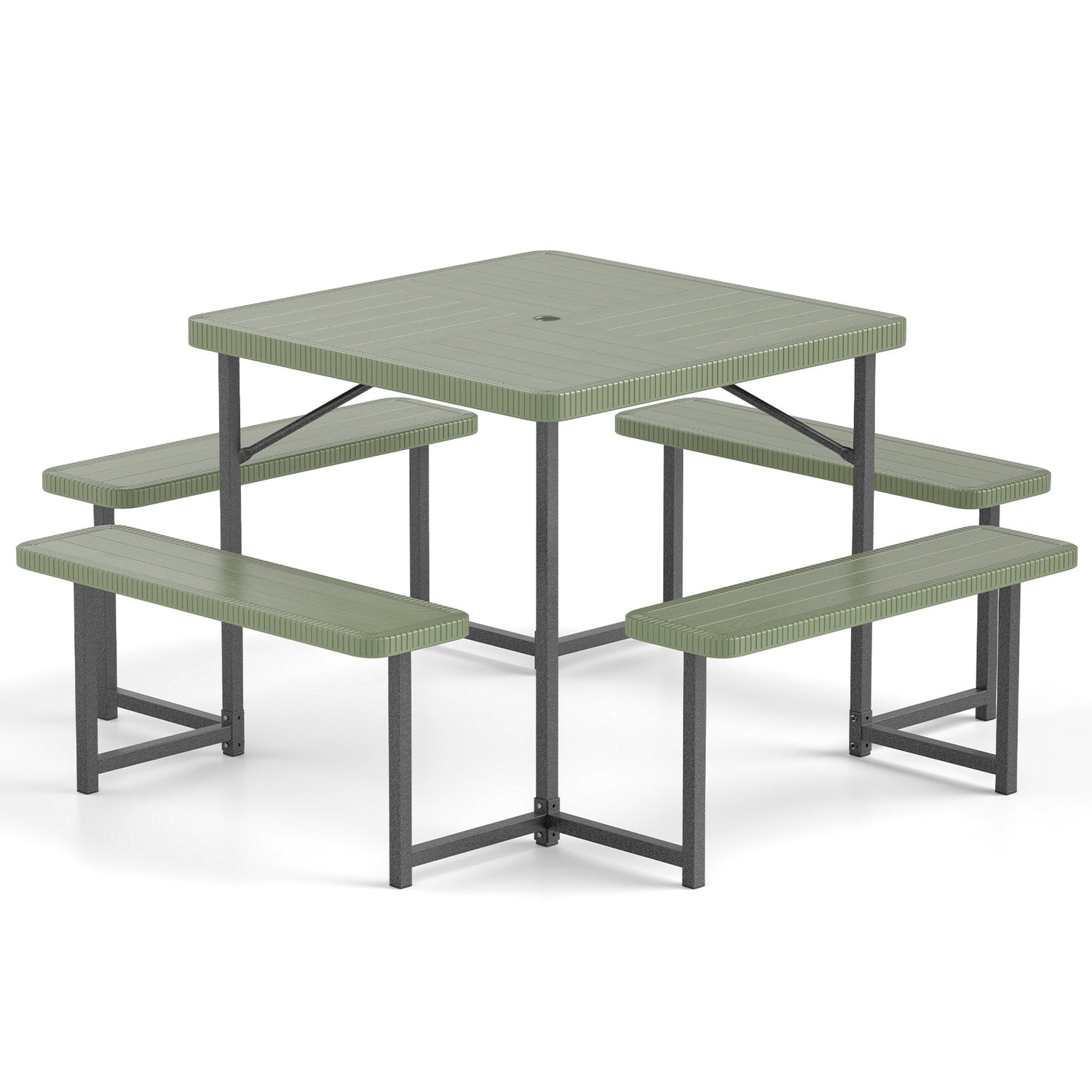 Outdoor Square Picnic Table Bench Set for 4-8 People with Umbrella Hole