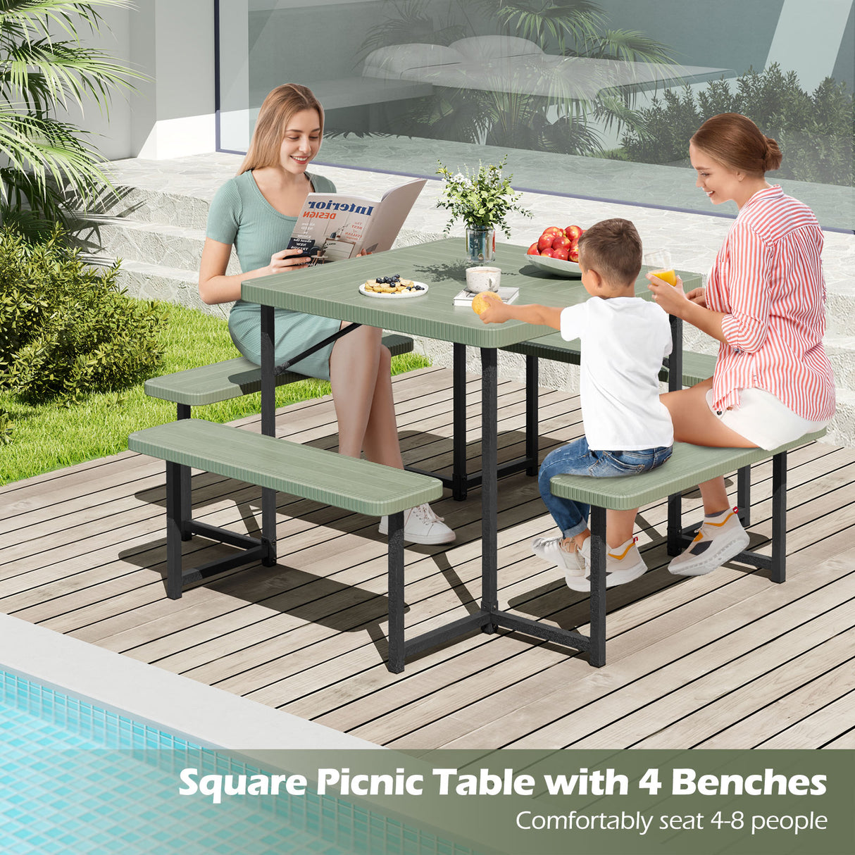 Outdoor Square Picnic Table Bench Set for 4-8 People with Umbrella Hole