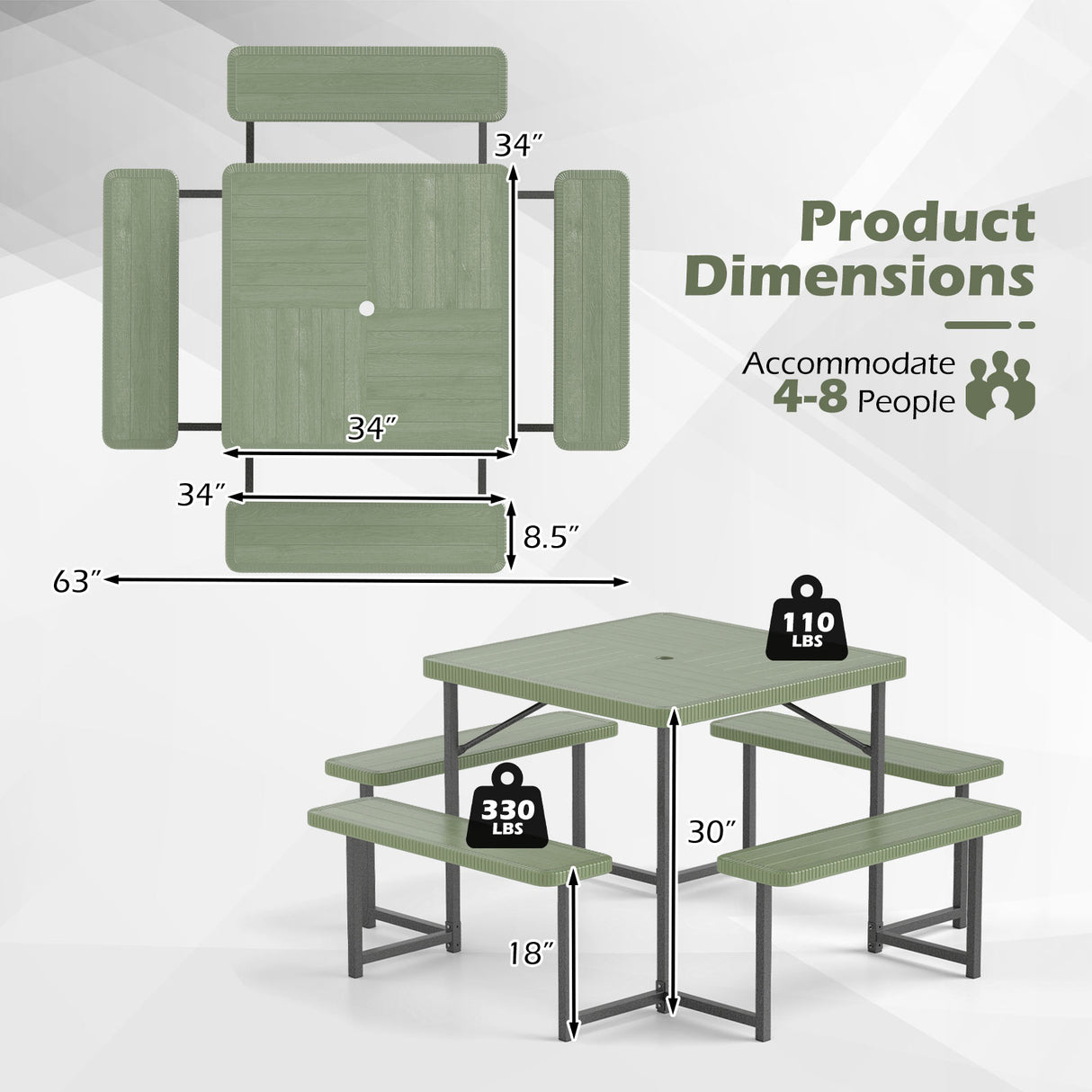 Outdoor Square Picnic Table Bench Set for 4-8 People with Umbrella Hole