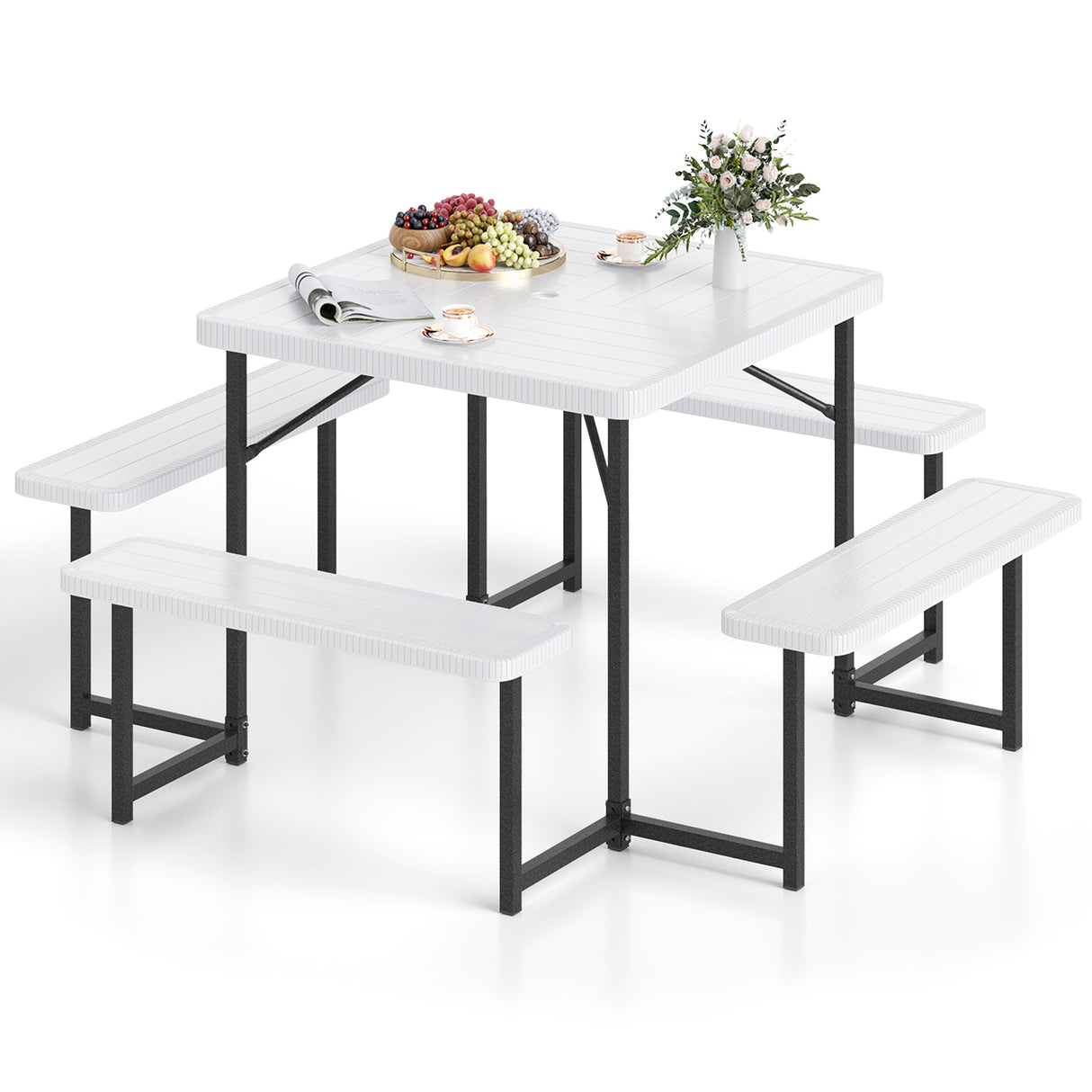 Outdoor Square Picnic Table Bench Set for 4-8 People with Umbrella Hole