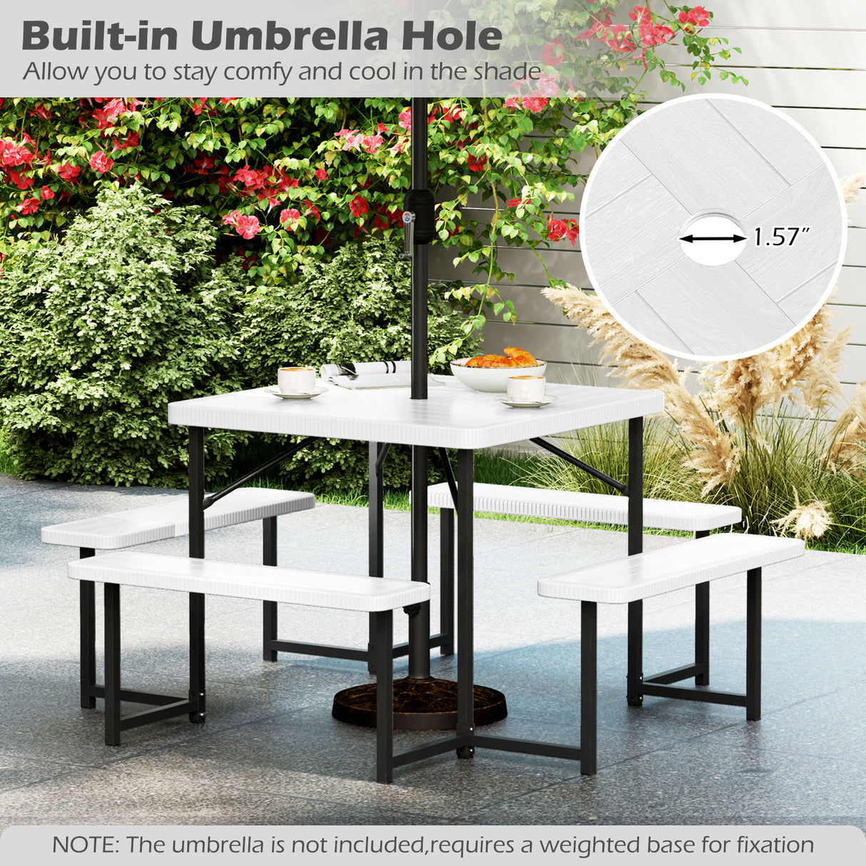 Outdoor Square Picnic Table Bench Set for 4-8 People with Umbrella Hole