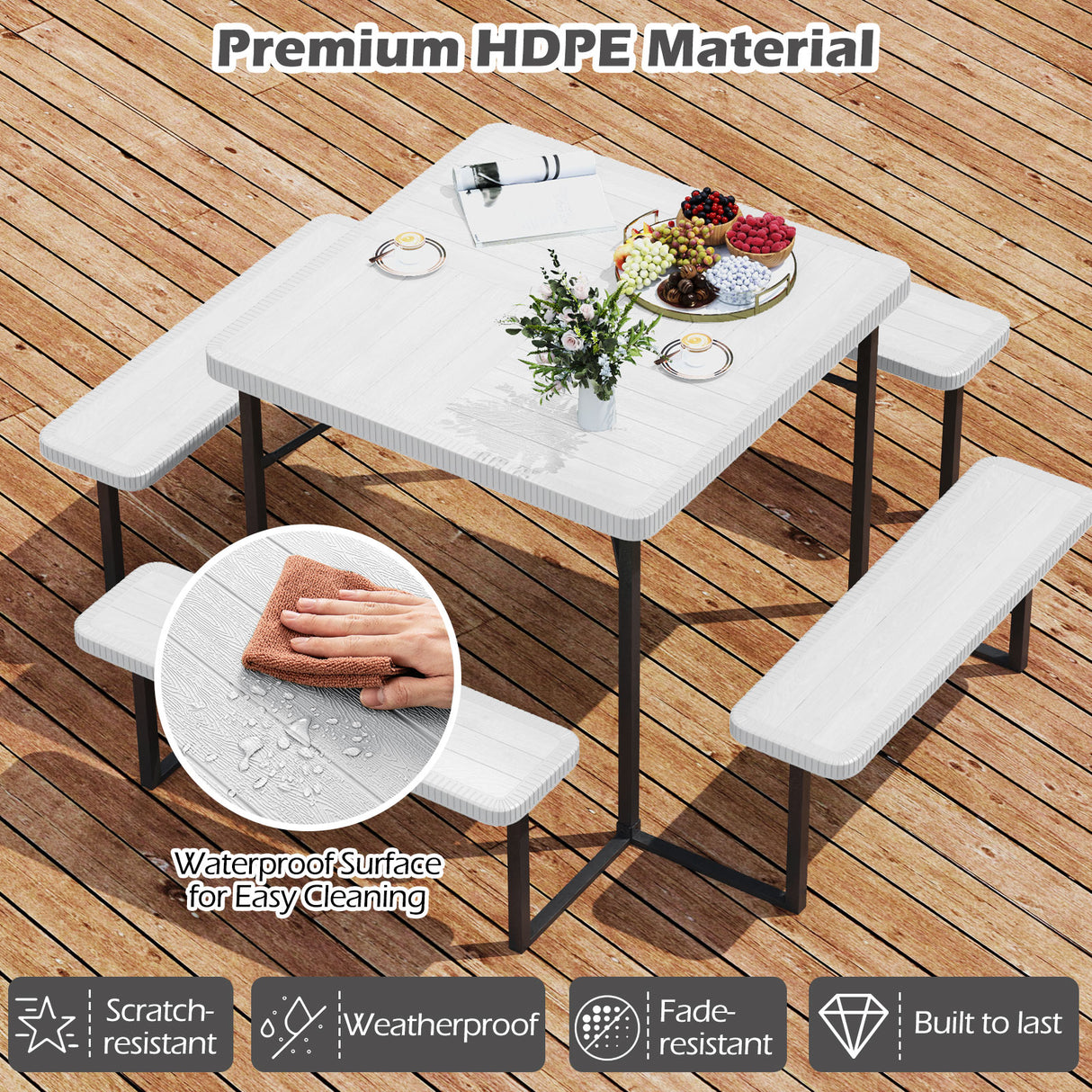 Outdoor Square Picnic Table Bench Set for 4-8 People with Umbrella Hole