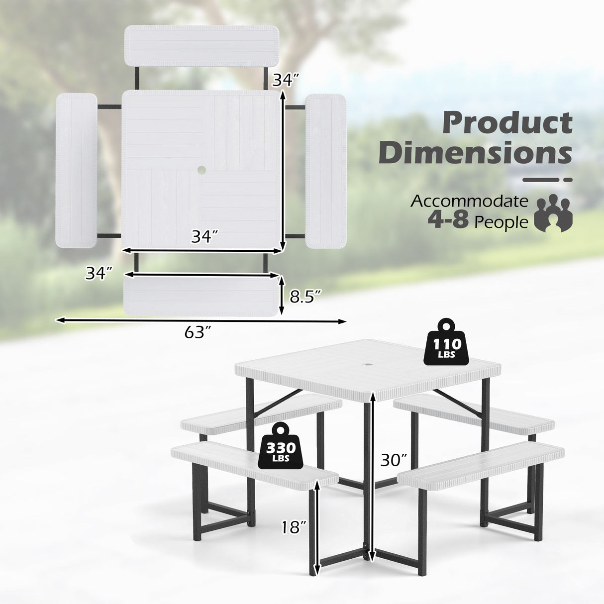 Outdoor Square Picnic Table Bench Set for 4-8 People with Umbrella Hole