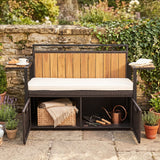 Outdoor Storage Bench with 2 Side Tables and 2-Seater Bench Seat